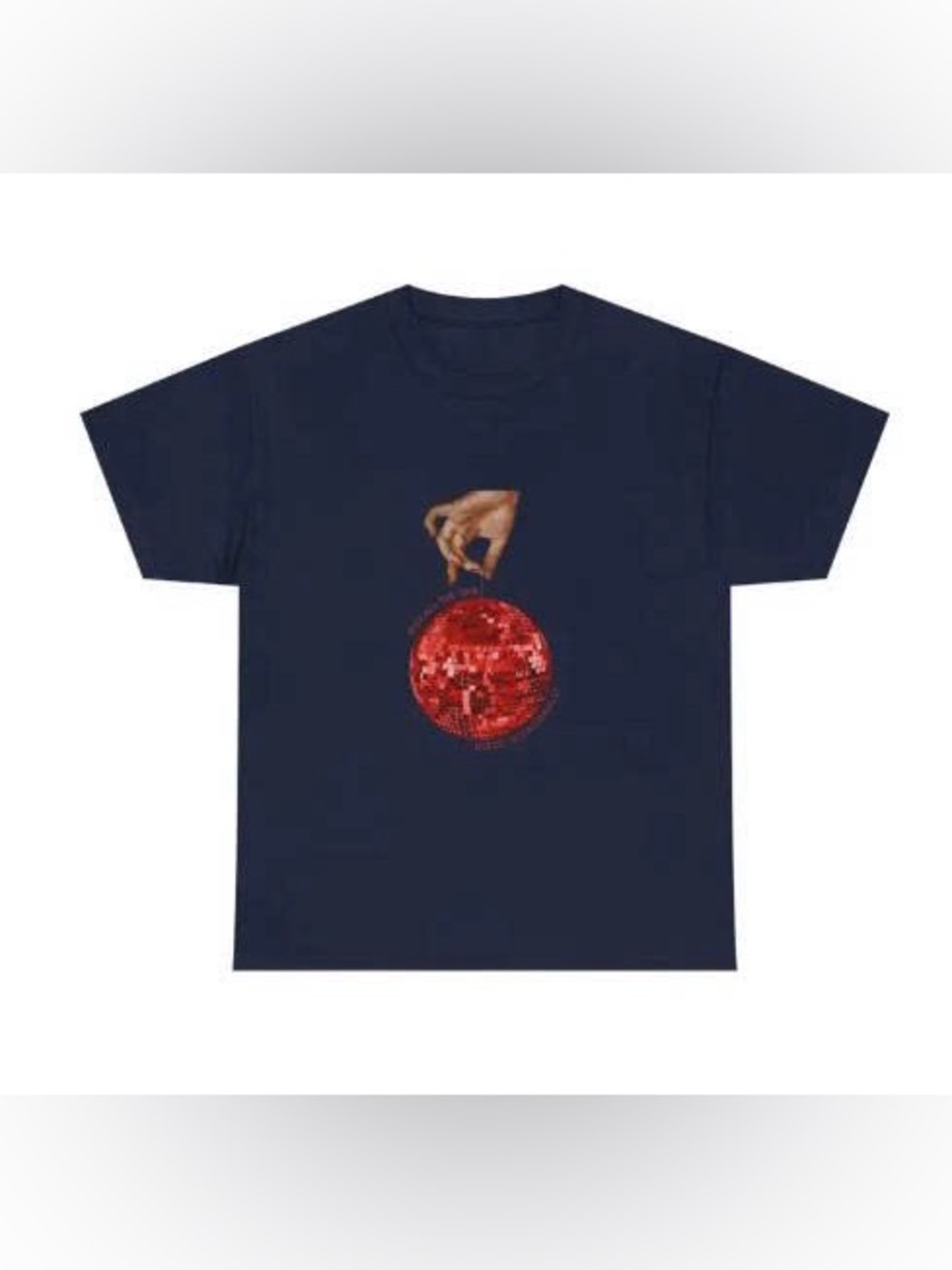 Navy T-Shirt with Red Sequin Ornament Graphic